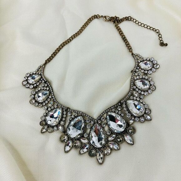 Vintage Fashion Jewelry Statement Necklace Rhinestone Silver Adjustable Chain - Picture 4 of 7